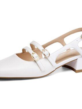 Women's White Mary Jane Chunky Low Heels Slingback Pumps Closed Square Toe